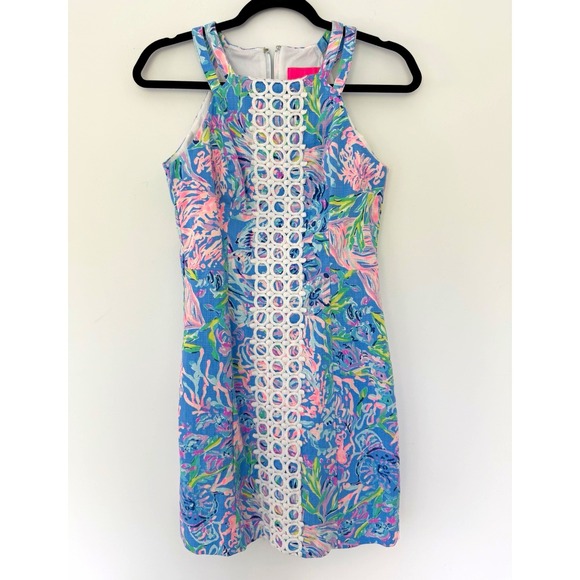 Lilly Pulitzer Dresses & Skirts - LILLY PULITZER Women Sz 0 Pearl Shift Dress Blue Pink Floral Lace Halter Cotton